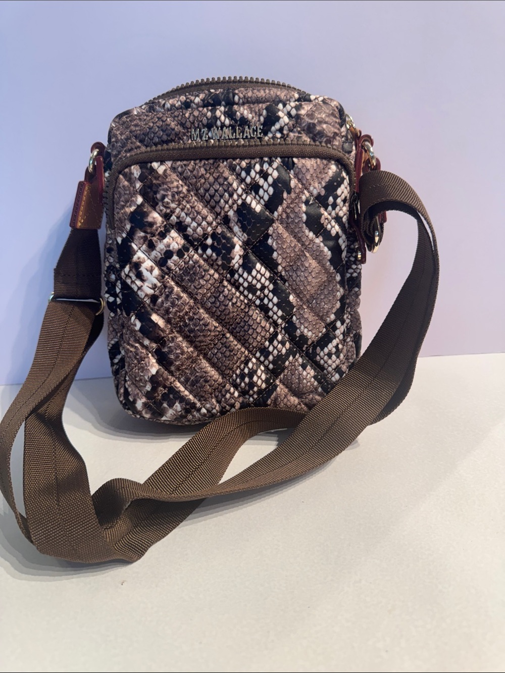 MZ Wallace Brown Snake-Print Quilted Crossbody